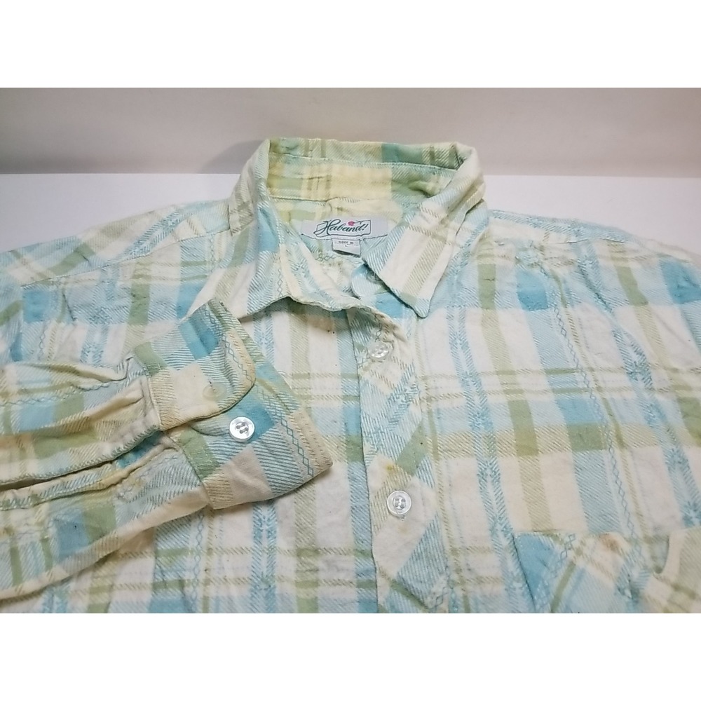 Haband Womens Plaid Flannel‎ Button Up Long Sleeve Shirt Blue Green Large